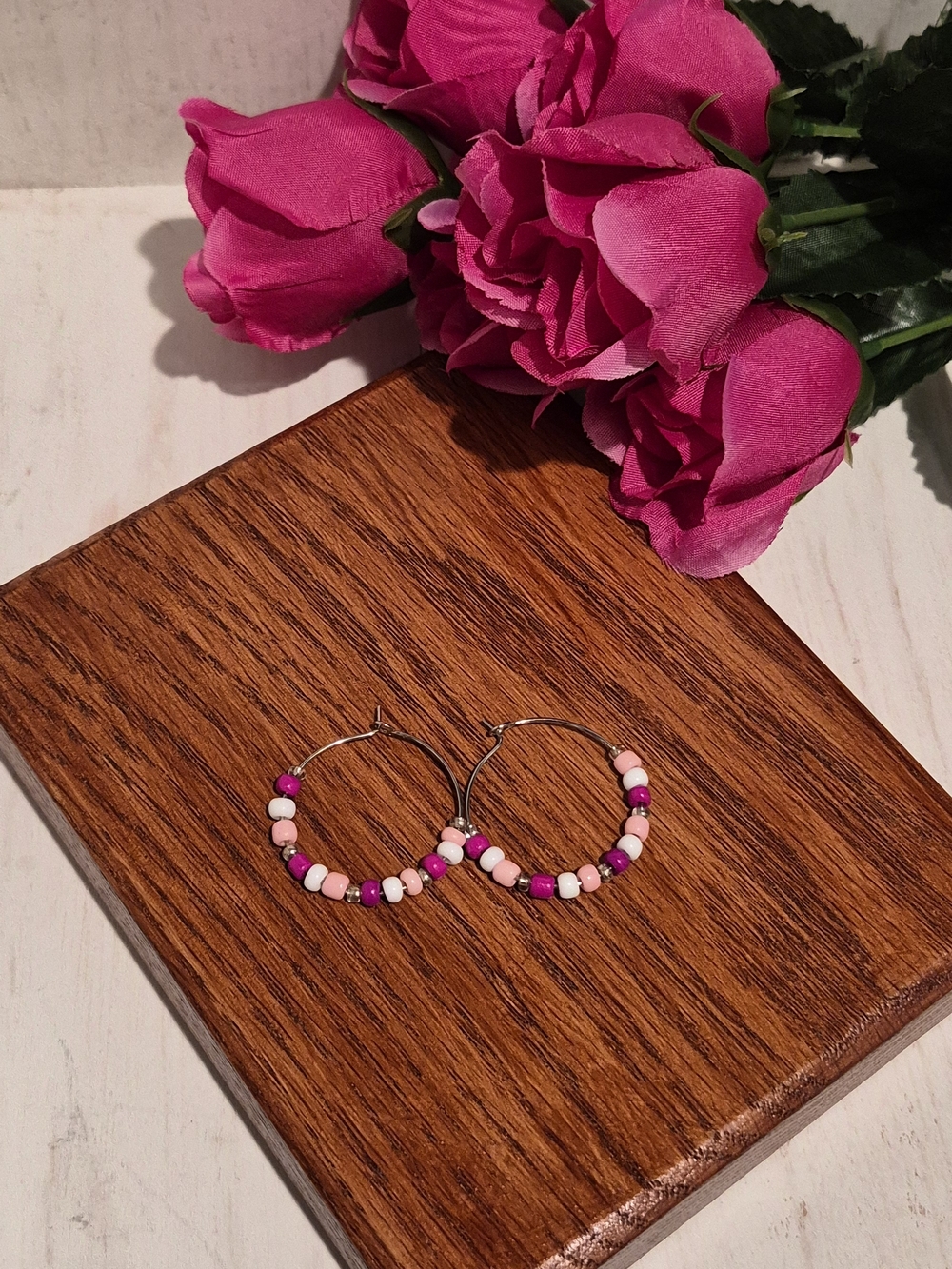 Pink Beaded Hoop Earrings for Women